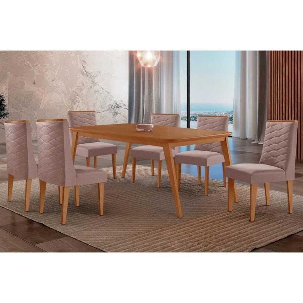 Conjunto: Mesa Sala Jantar Havana Curvo 180cm + 6 Cadeiras Dafne Naturale - Linho Capuccino - Rufato