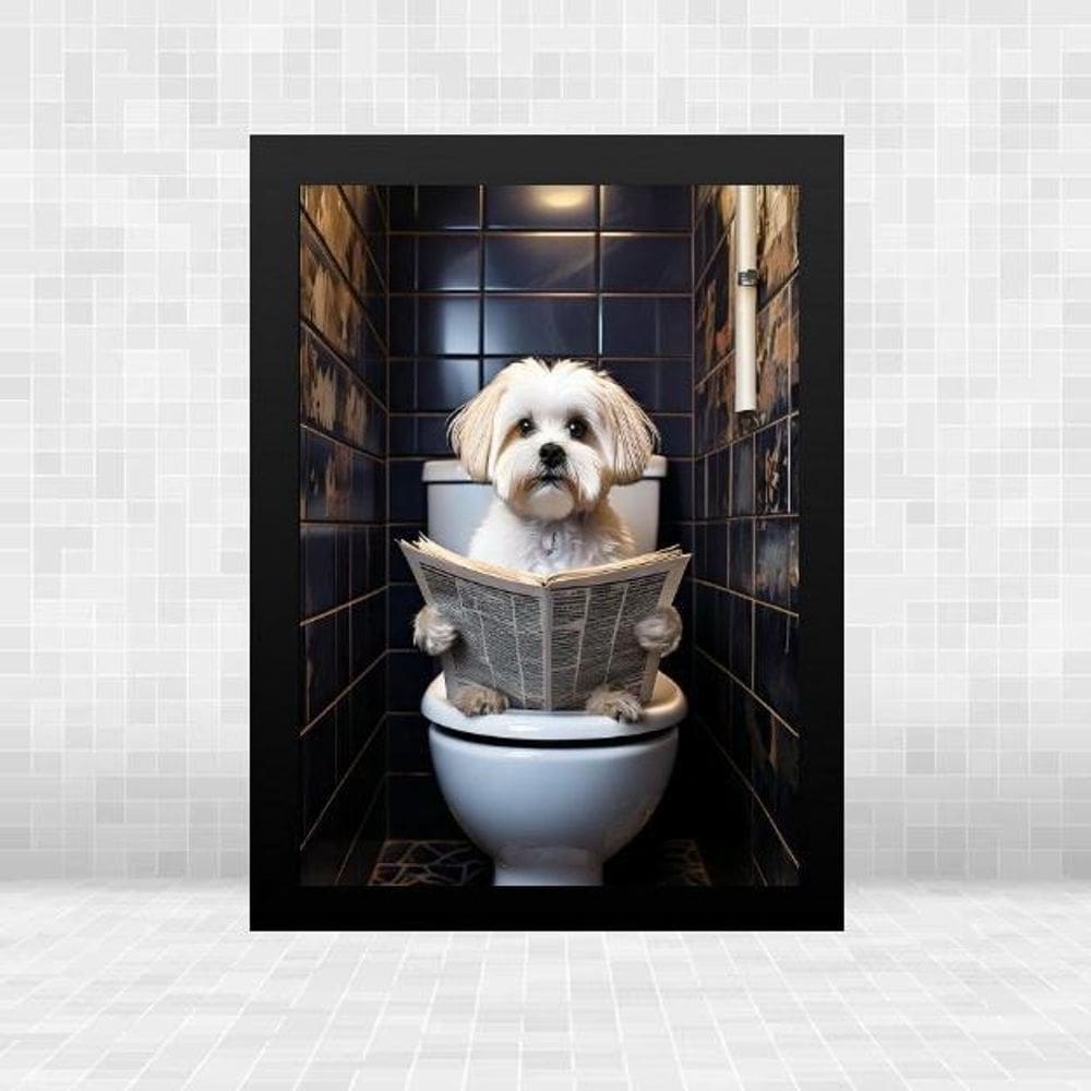 Quadro Banheiro Maltês No Vaso Lendo Jornal 24X18Cm - Vidro