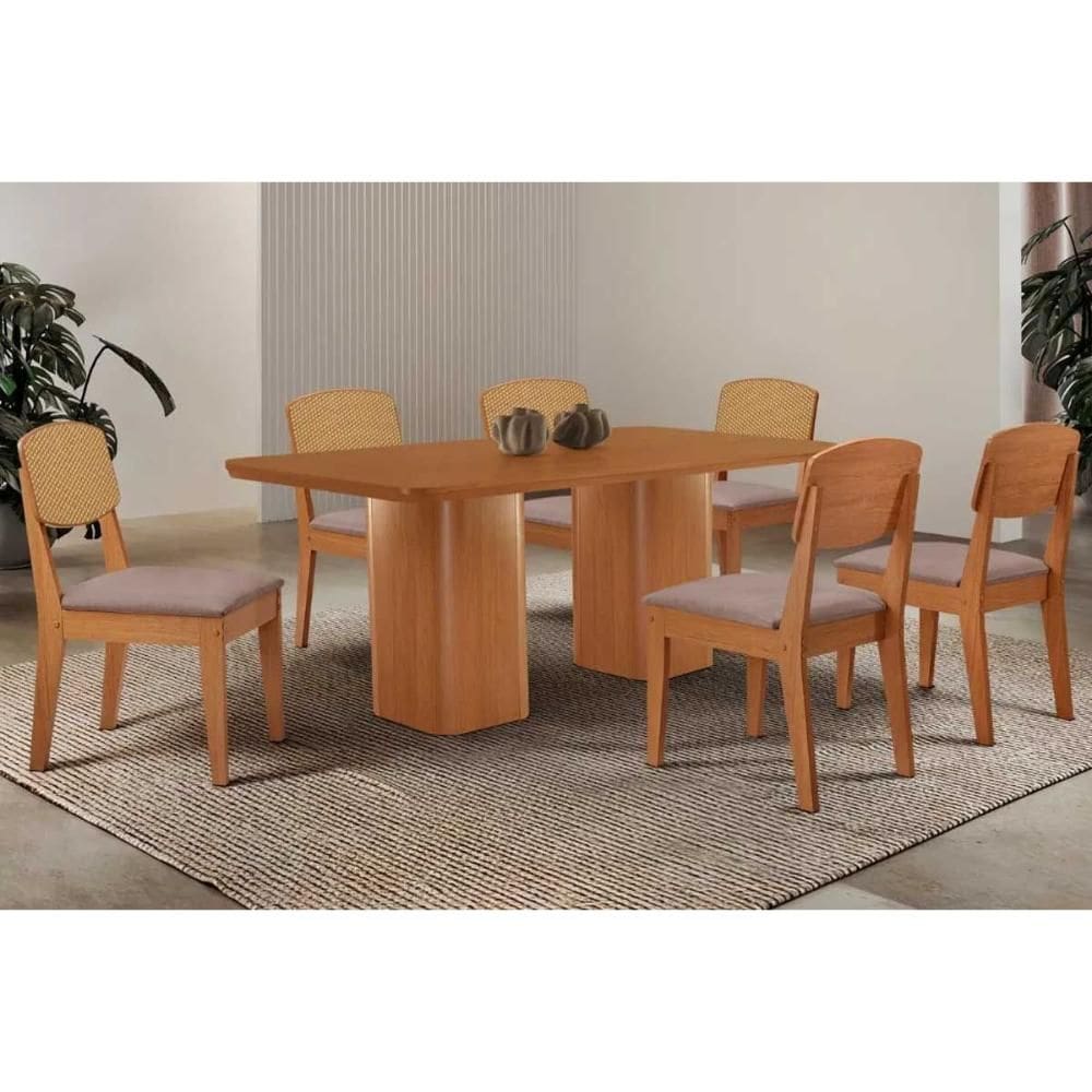 Conjunto: Mesa de Cozinha Maldivas Curvo 180cm + 6 Cadeiras Havana Naturale - Linho Capuccino - Rufato