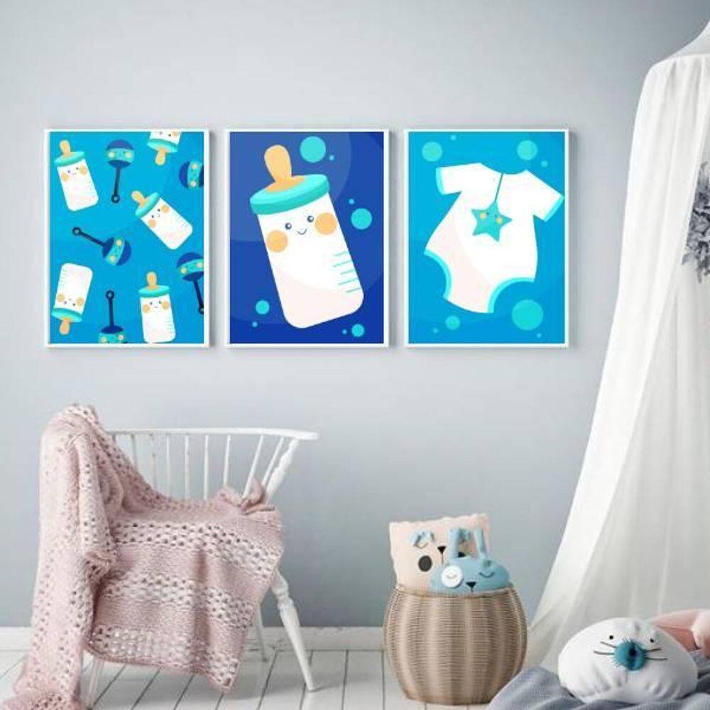 Kit 3 Quadros Mamadeiras Azuis 45x34cm - Vidro e Branca