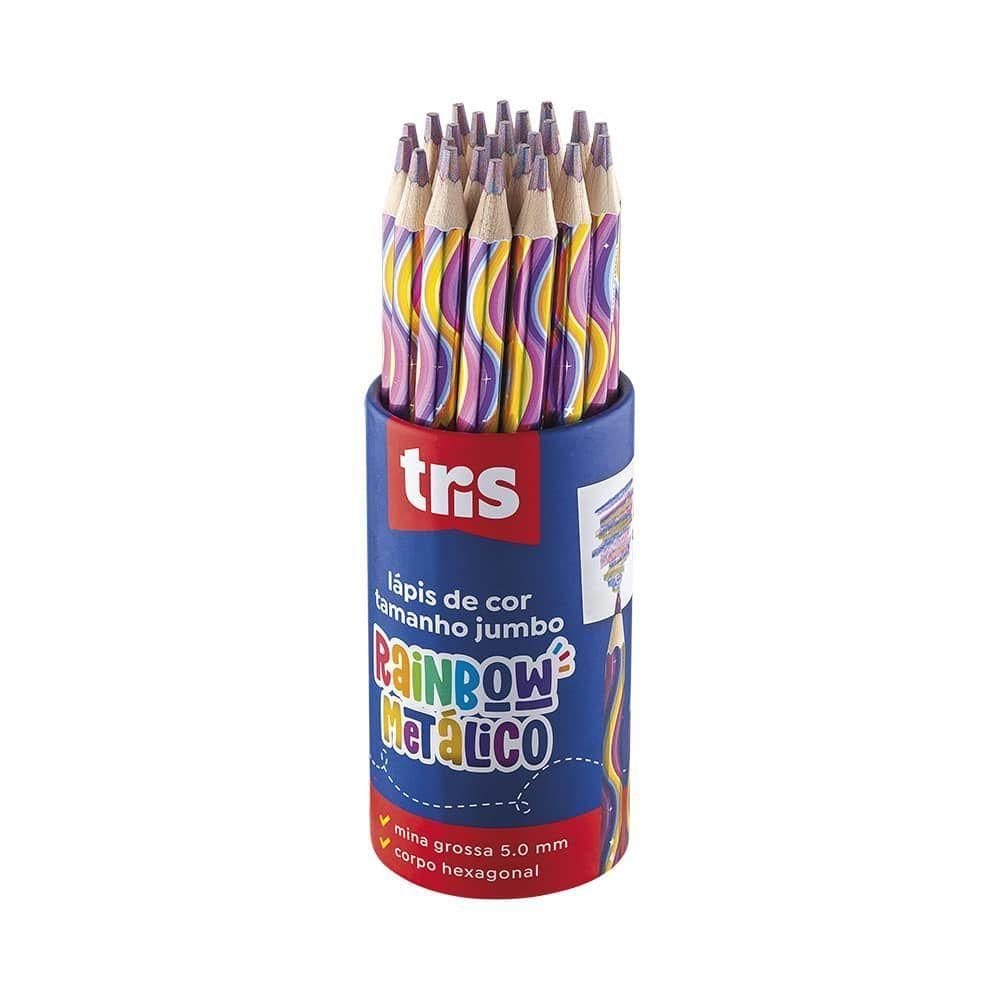 Kit Lápis De Cor Jumbo Rainbow Tris Cores Metálico 24 Unidades