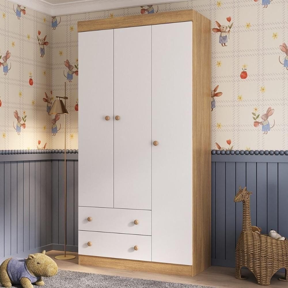 Guardaroupa Infantil 92cm 3 Portas E 2 Gavetas Encanto Multimóveis Mp4447 Madeiradobranco