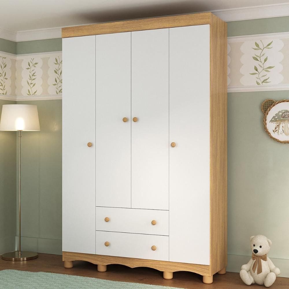 Guardaroupa Infantil 122cm 4 Portas E 2 Gavetas Dengo Multimóveis Mp4438 Madeiradobranco