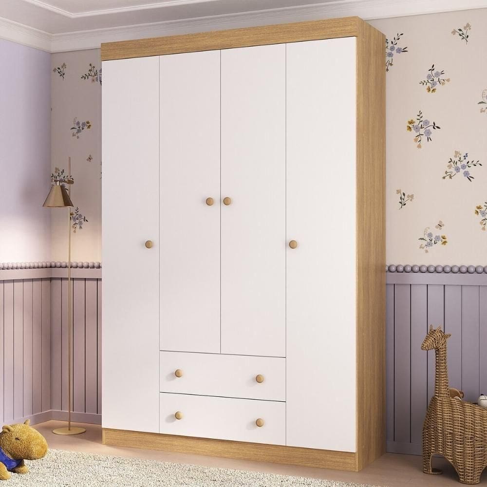 Guardaroupa Infantil 122cm 4 Portas E 2 Gavetas Encanto Multimóveis Mp4448 Madeiradobranco