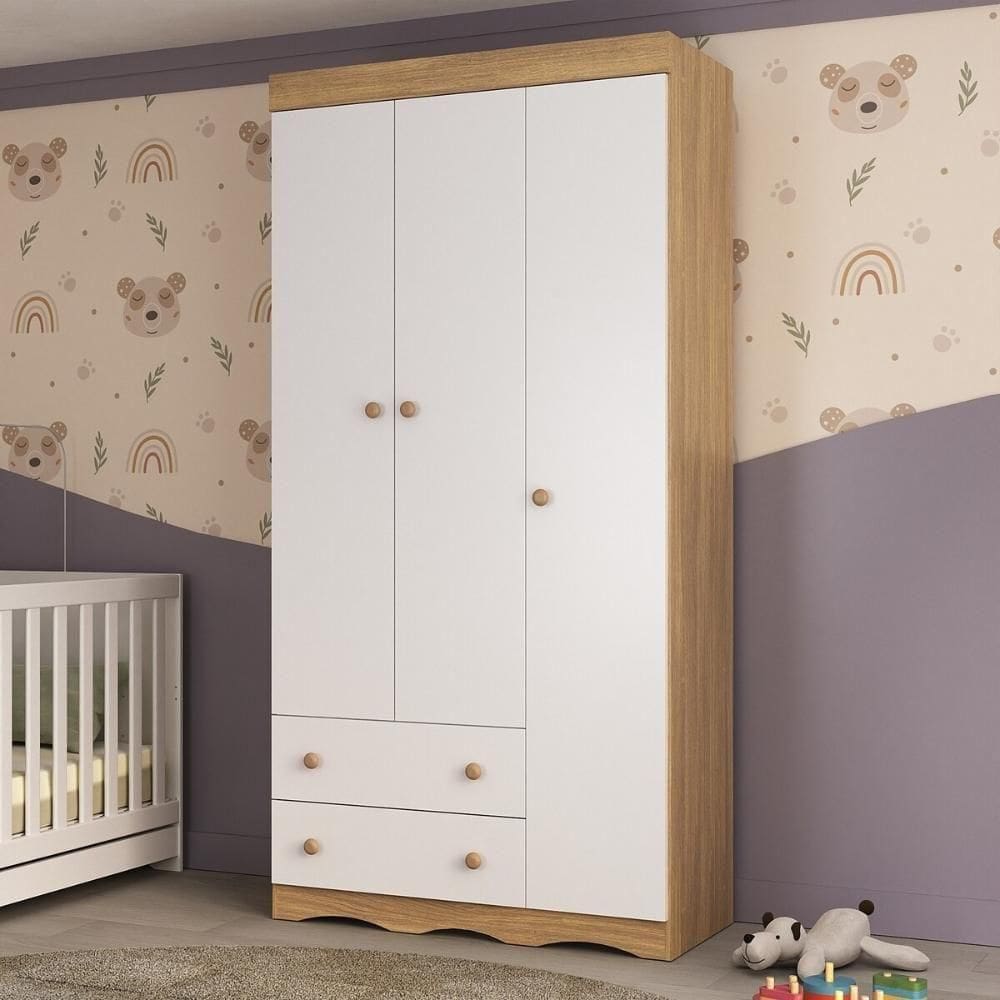Guardaroupa Infantil 92cm 3 Portas E 2 Gavetas Realeza Multimóveis Mp4452 Madeiradobranco