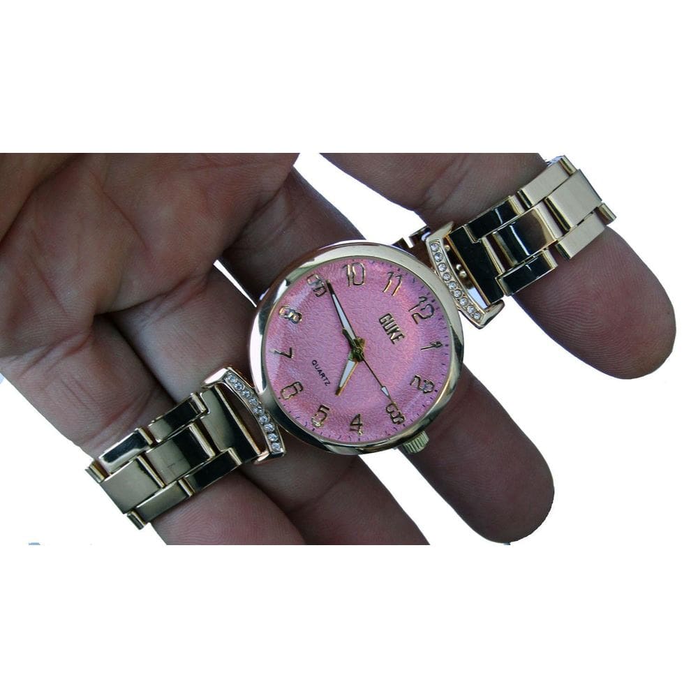 Relogio Feminino Fundo Rosa Pulseira Dourada