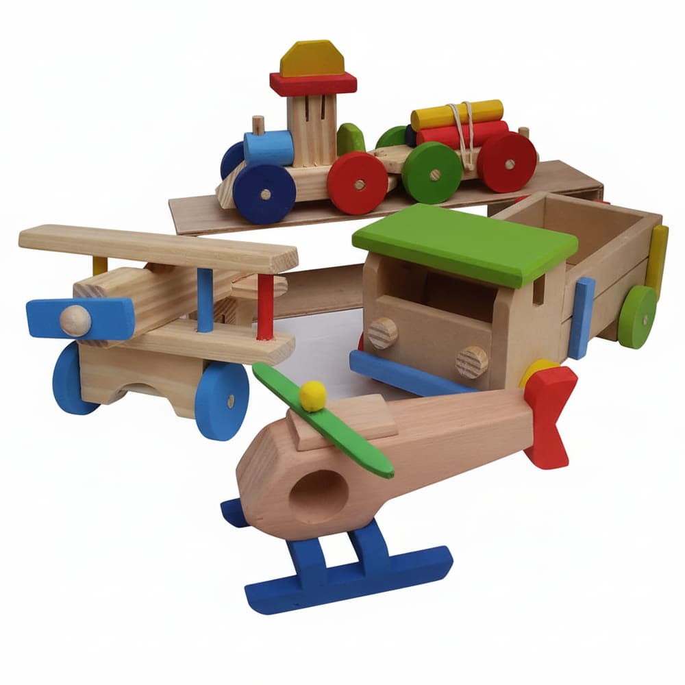 Kit Alegria 4 Brinquedos avião helicóptero trenzinho carrinho de MDF e Pinus
