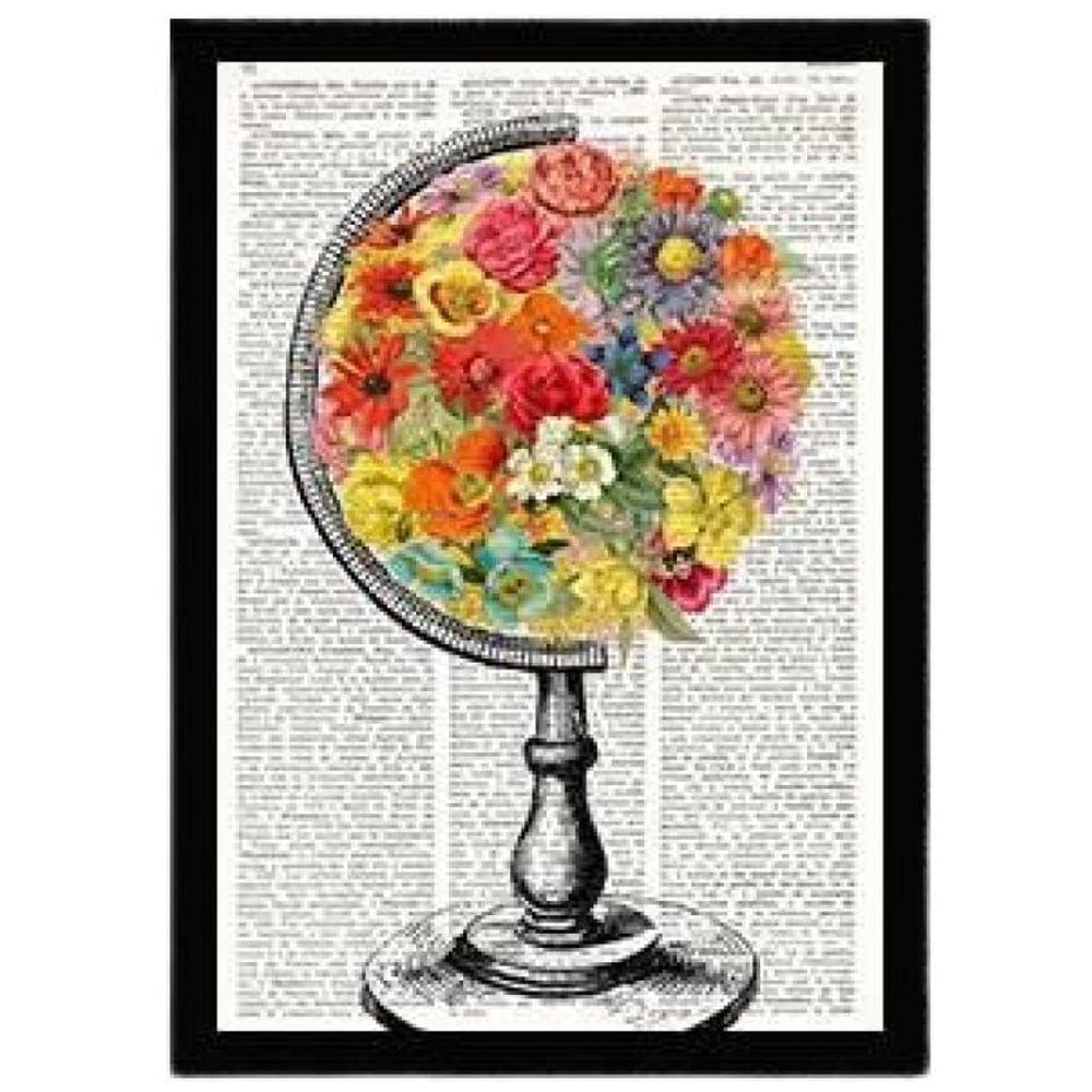 Quadro Decorativo Globo Flores Com Vidro 24X18Cm