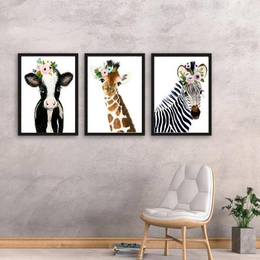 Quadro Decorativo Animais Coroa Flores Vidro 24X18Cm 3 Peças