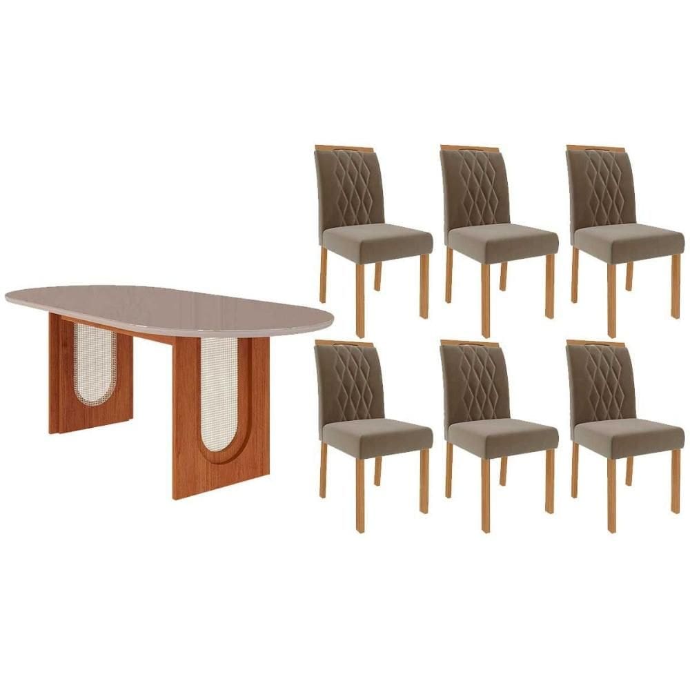 Conjunto: Mesa Sala Jantar Valentina Oval 210cm + 6 Cadeiras Juliana Cinamomo/Off White - Carvalho/Suede Joli Capuccino Cimol