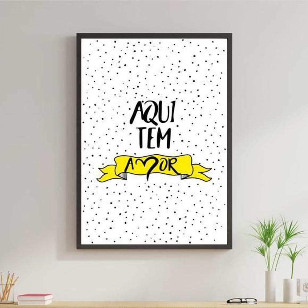 Quadro Aqui Tem Amor- Amarelo 24X18Cm Moldura Preta