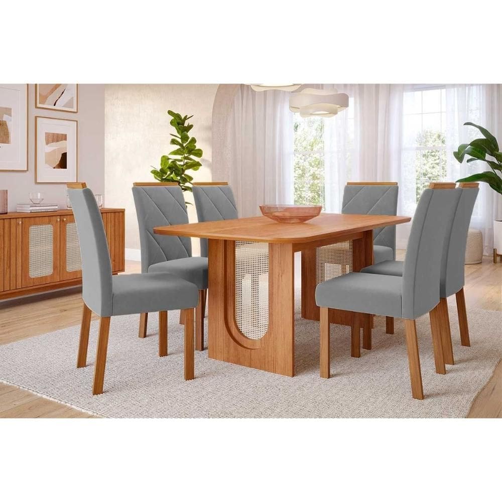 Conjunto: Mesa Sala Jantar Valentina Tampo Madeirado 180x90cm e 6 Cadeiras Fernanda Cinamomo - Carvalho/Linho Grafite Cimol