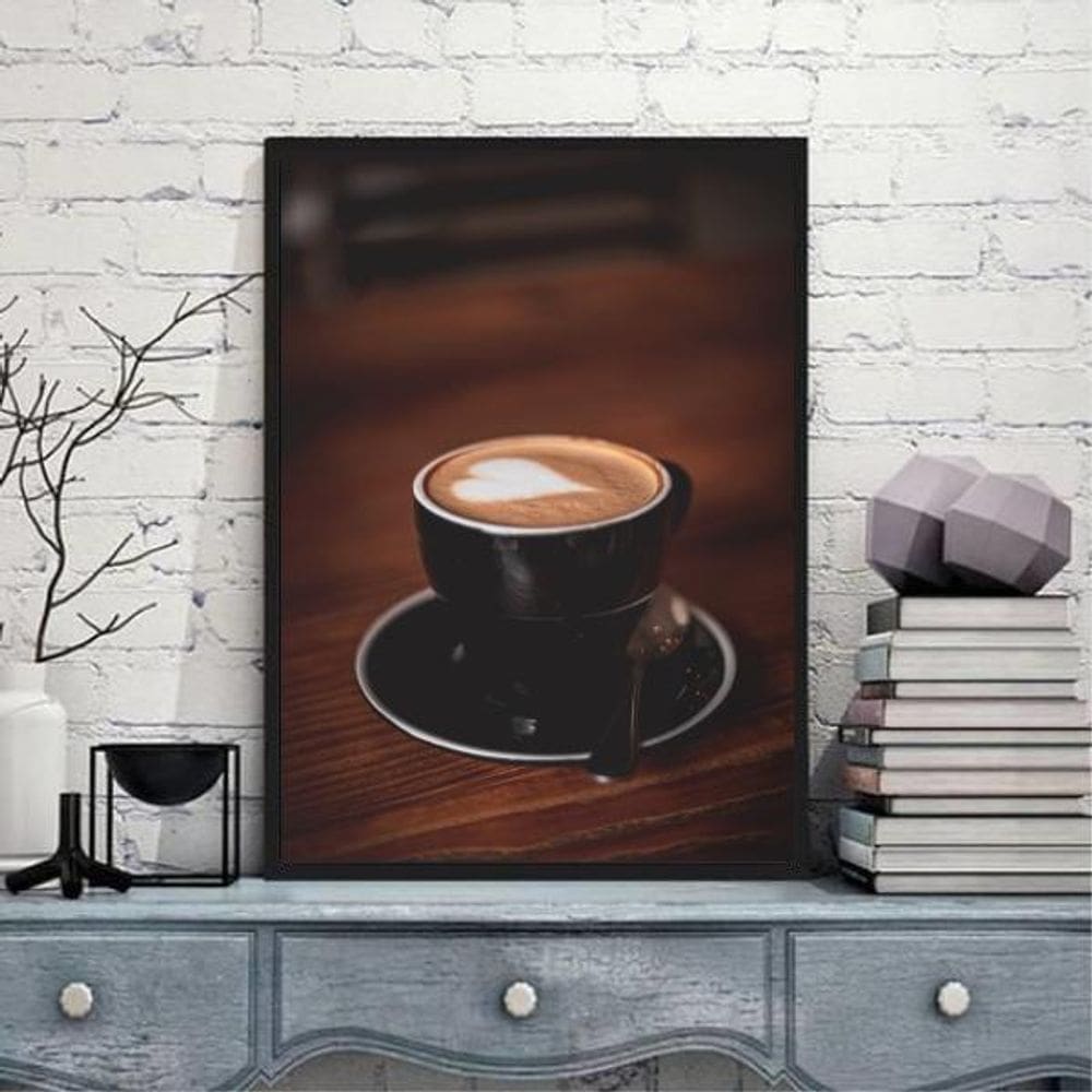 Quadro Rústico Xícara Com Café Coração 33X24Cm Madeira Preta