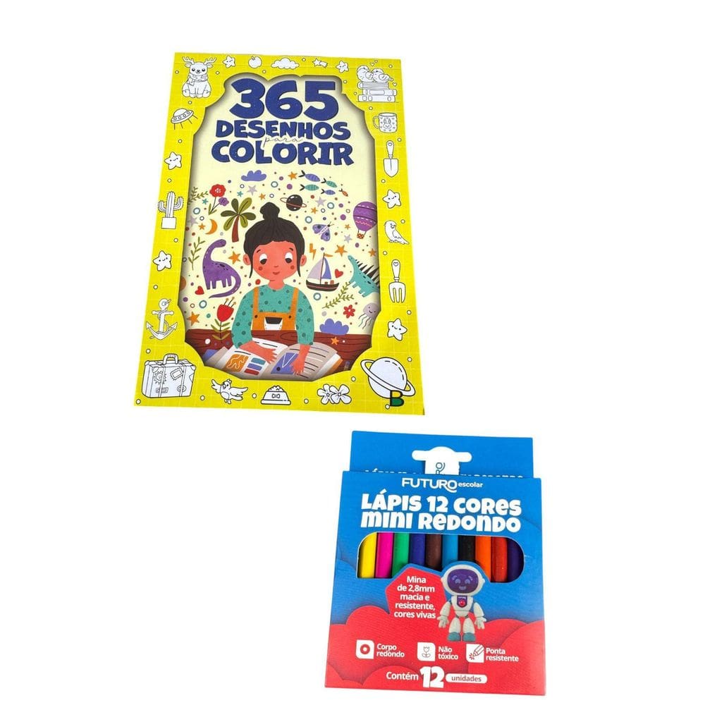 Kit Livro Infantil 365 Desenhos Para Colorir + 12 Lápis Cor