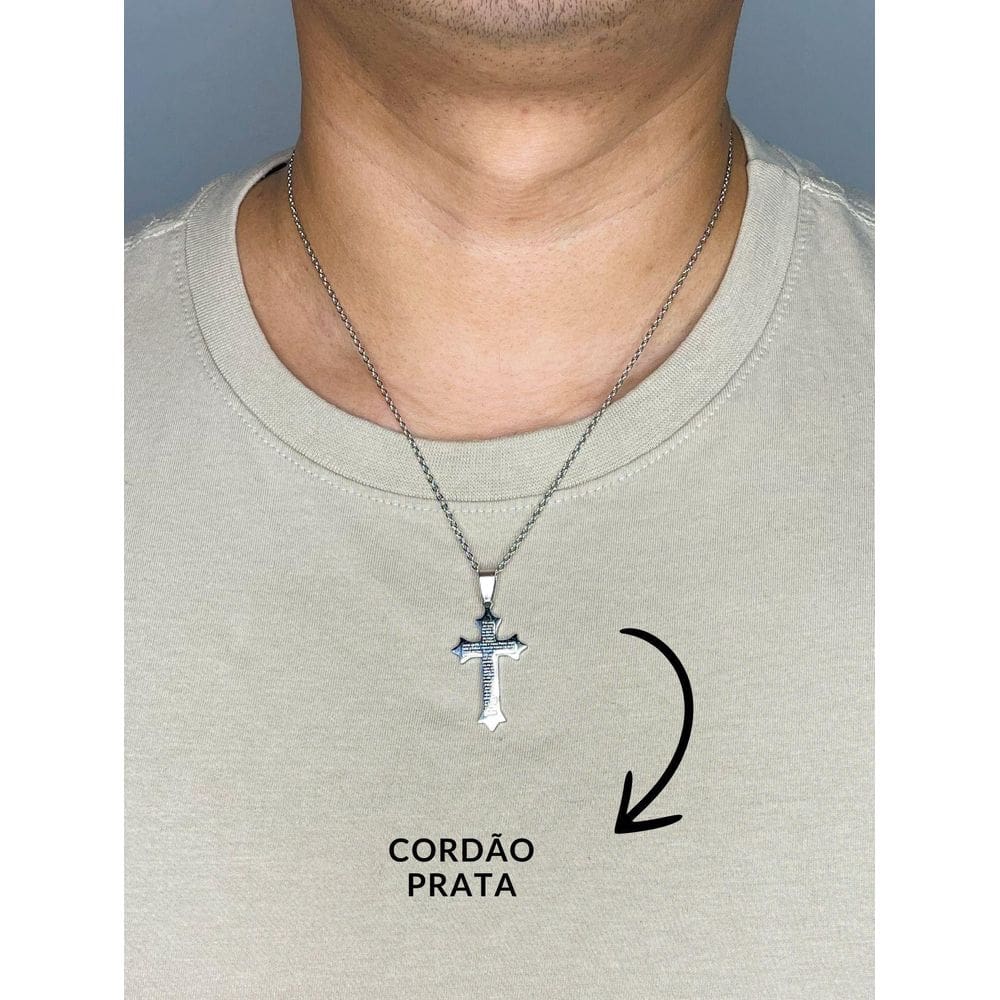 Cordão Corrente 50Cm Pingente Cruz Crucifixo Oração Pai