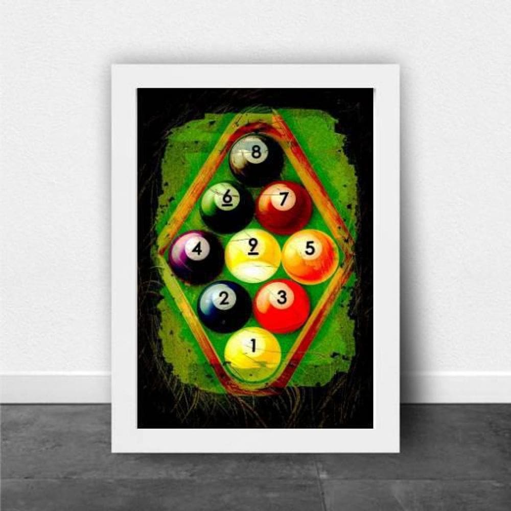 Quadro Decorativo Bolas De Sinuca 24X18Cm Moldura Branca