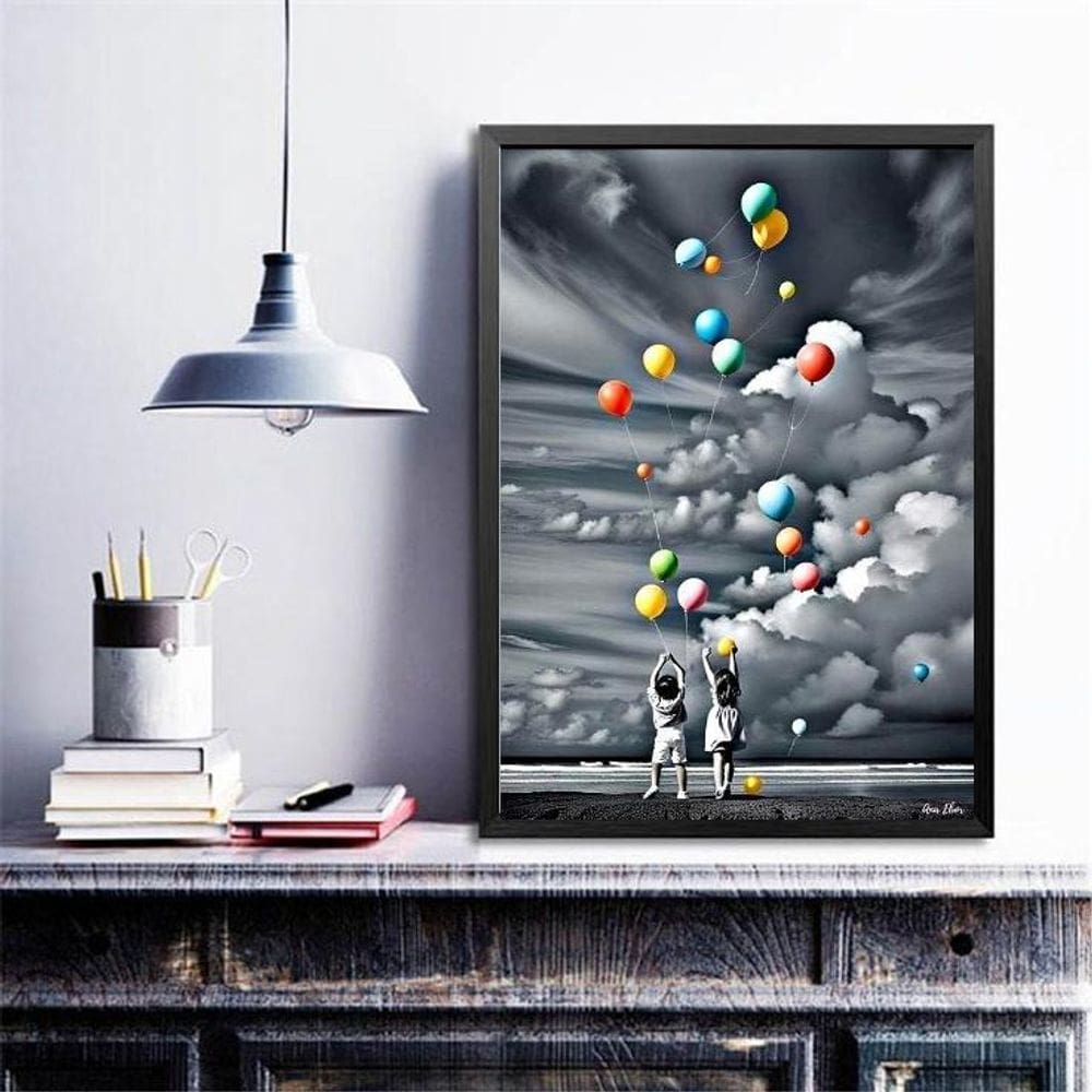 Quadro Decorativo Crianças Com Balões Coloridos 33X24Cm