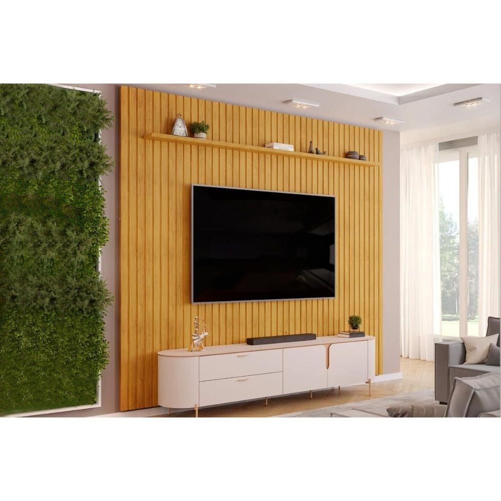 Estante p/ Sala até 80 Pol Pratic / Celine Ripado c/ Portas e Gavetas 275x240cm Cedro/Off White - DJ Móveis