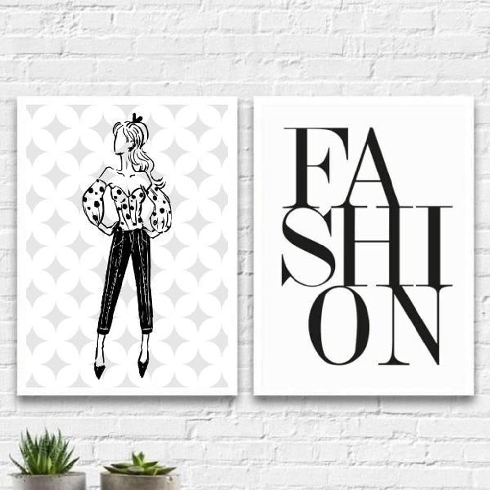 Kit 2 Quadros Moda Feminina Fashion 33X24Cm - Madeira Branca