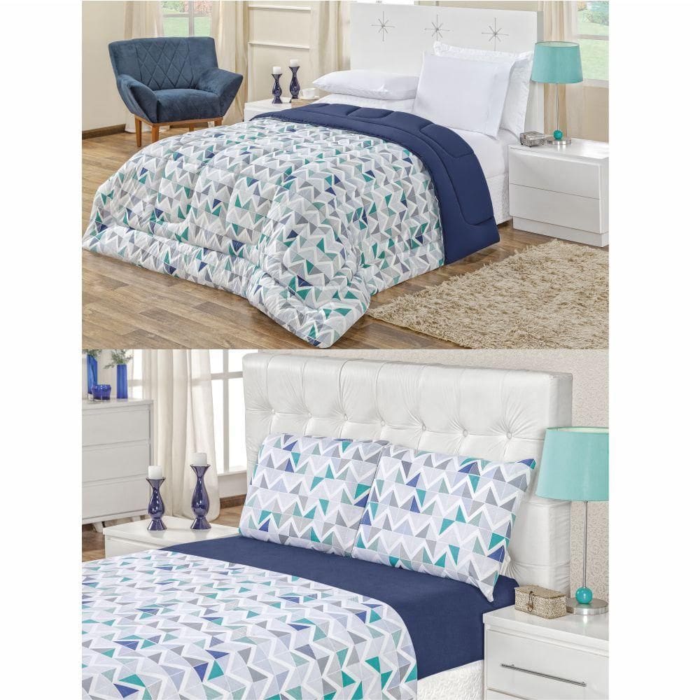 Kit Edredom Malha 100% Algodão King Dupla Face 7 Peças Azul