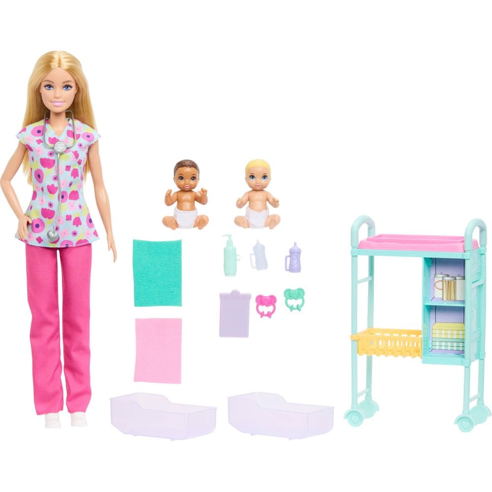 Conjunto Barbie Carreiras Médica Pediatra com Boneca Fashion e 2 Bebês