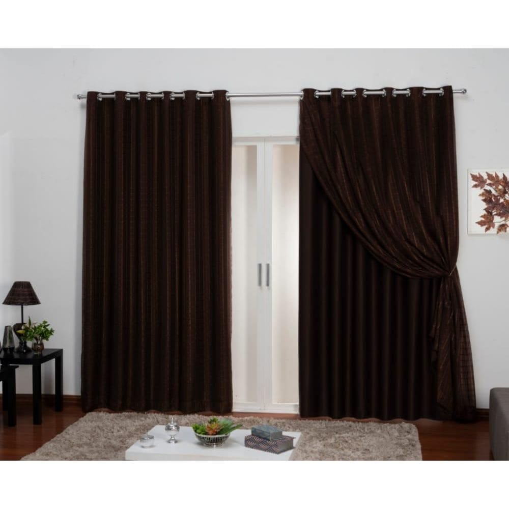 Cortina Blecaute Tecido 3,00X2,70 Com Voil Marrom Corta Luz