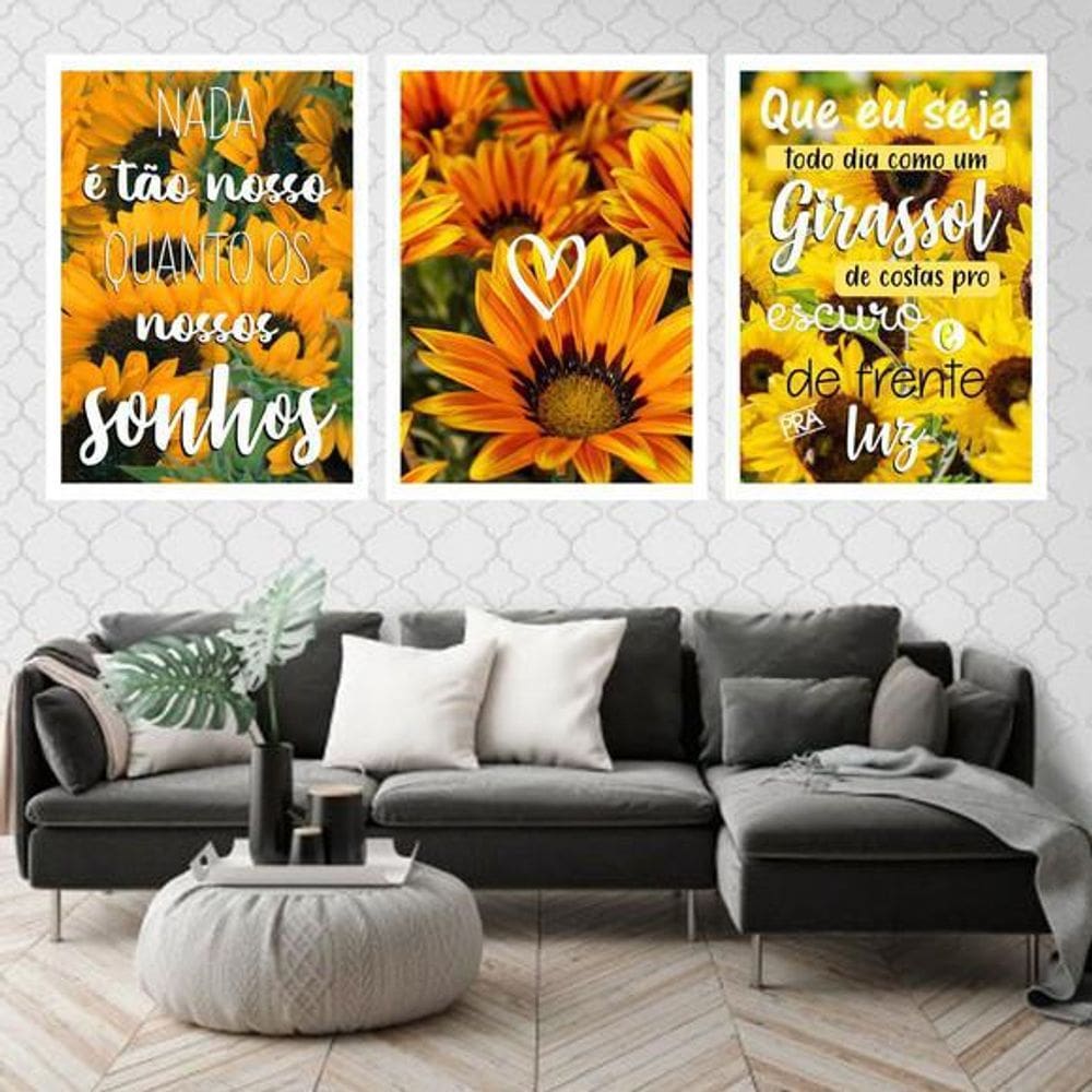 Kit 3 Quadros Decorativos Girassol Nossos Sonhos