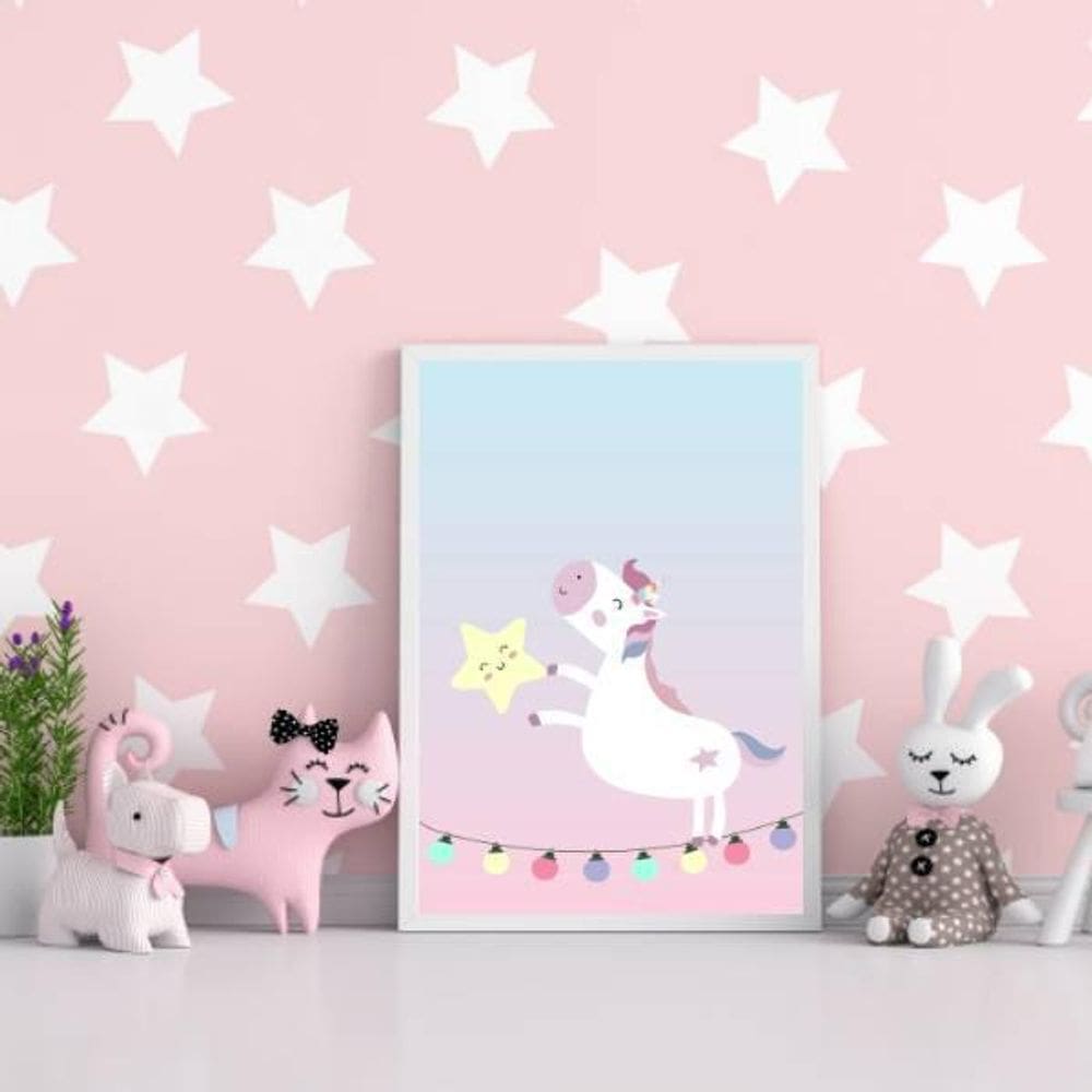 Quadro Decorativo Unicórnio com Estrelinha Moldura Preta