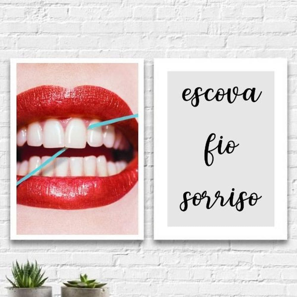 Kit 2 Quadros Dentista Escova Fio Sorriso 45X34 Vidro Branca