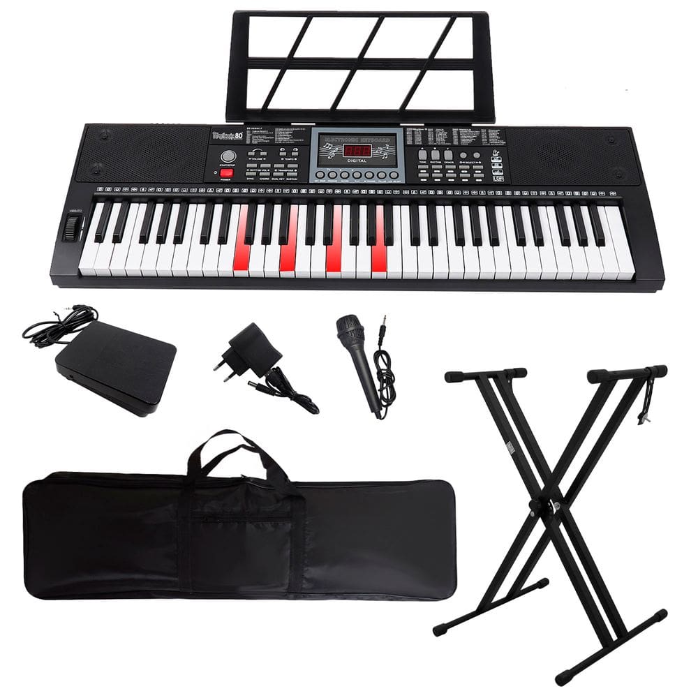 Kit Teclado Musical 61 Teclas Iluminadas Estudante Rhythmic 80 + Capa Suporte X e Pedal