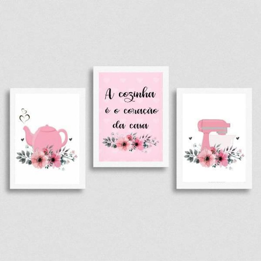 Kit 3 Quadros Cozinha Coração Da Casa Rosa 33X24Cm
