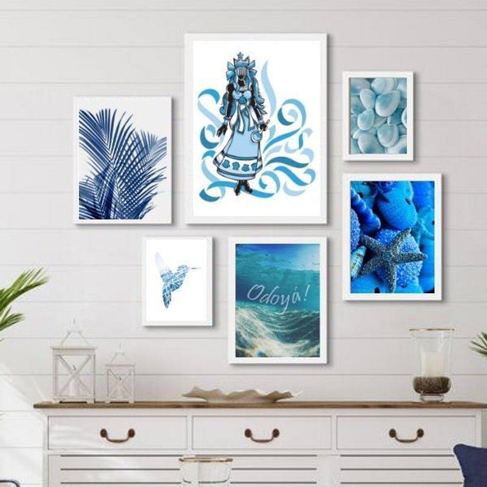 Kit 6 Quadros Decorativos Iemanjá Azul - Madeira Branca