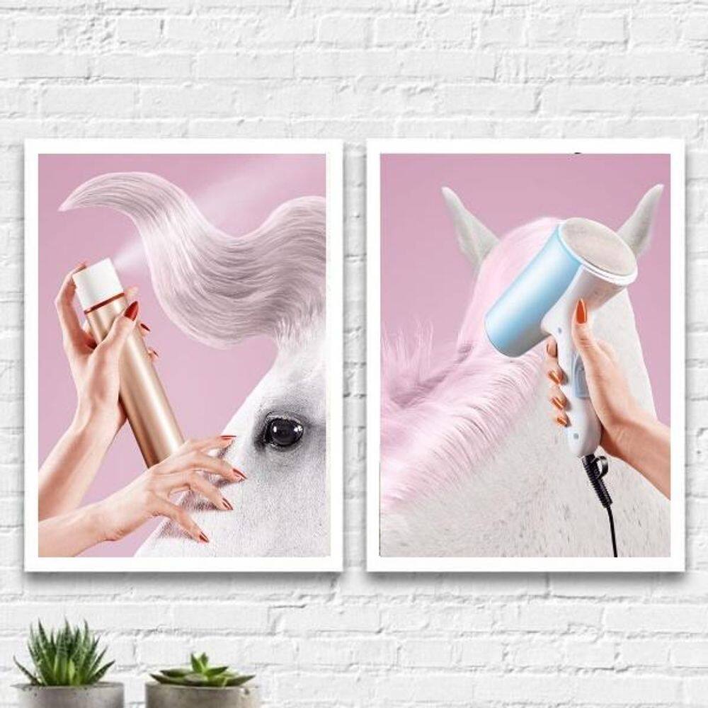 Kit 2 Quadros Salão Cavalo 33x24cm - Vidro, Moldura Branca