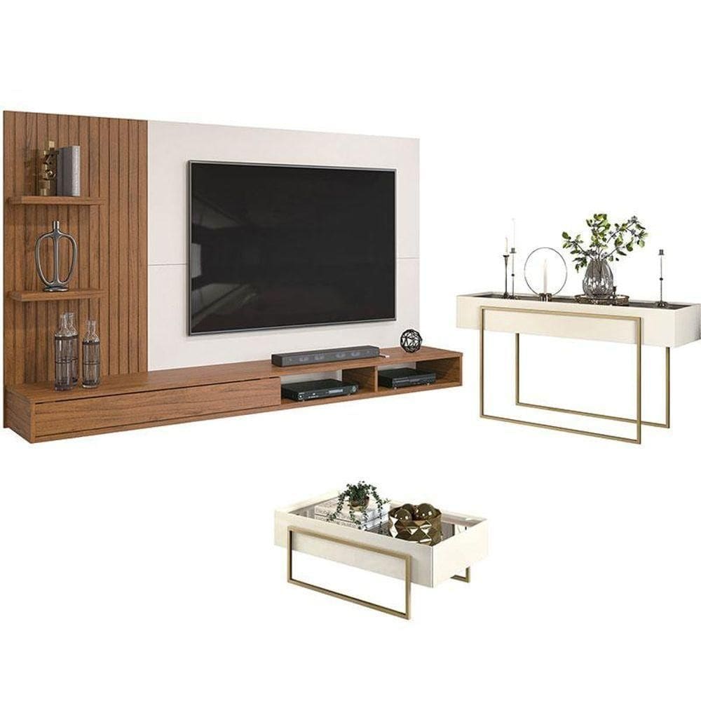 Painel Para Bento Freijó Off White Com Aparador Para Sala Petri E Mesa De Centro Petri Off White - Dj Móveis