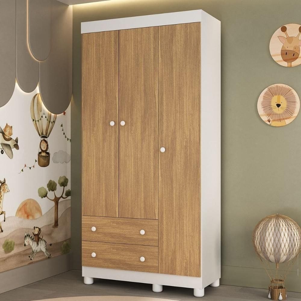 Guardaroupa Infantil 92cm 3 Portas E 2 Gavetas Allegra Multimóveis  Brancomadeirado