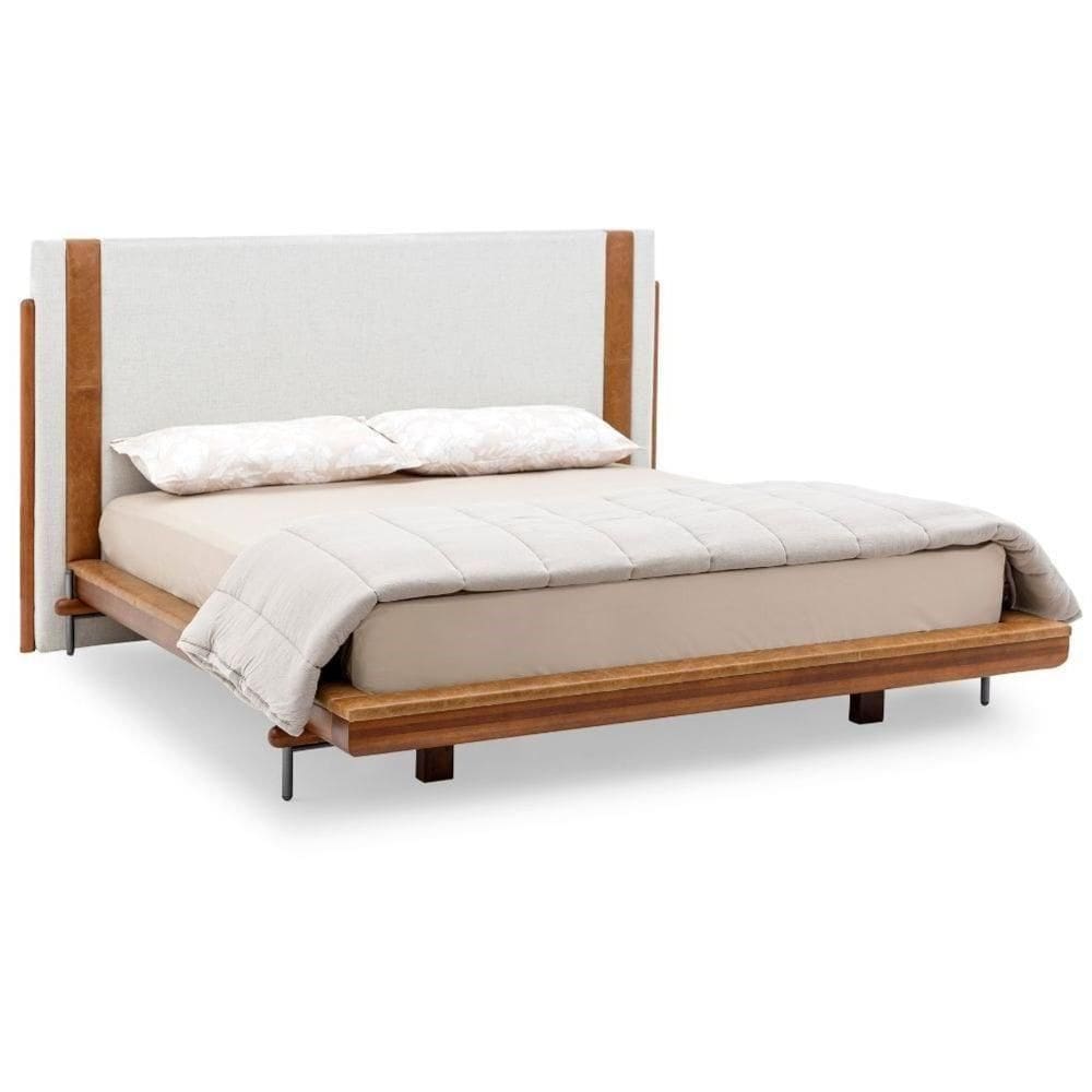 Cama De Casal Mh-6016 Herval Estofado Casal Colchão 193 Cm Madeira Maciça Off White Detalhe Marrom B