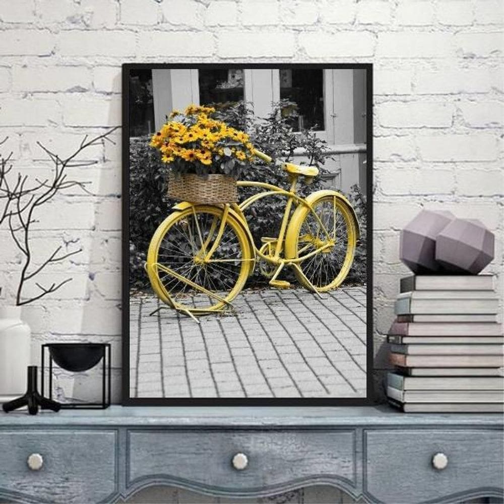 Quadro Fotografia Bicicleta Amarela 45X34Cm - Madeira Preta