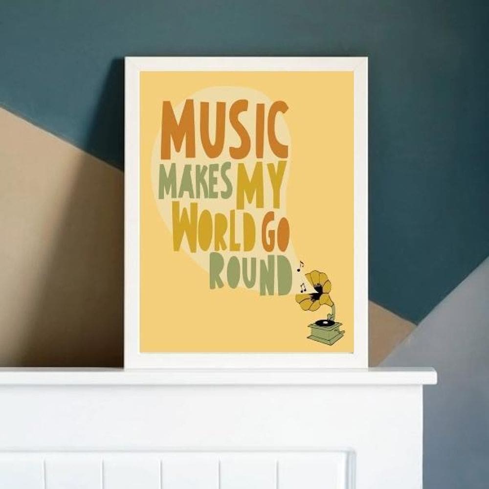 Quadro Music Makes My World Go Round 33X24Cm Madeira Branca