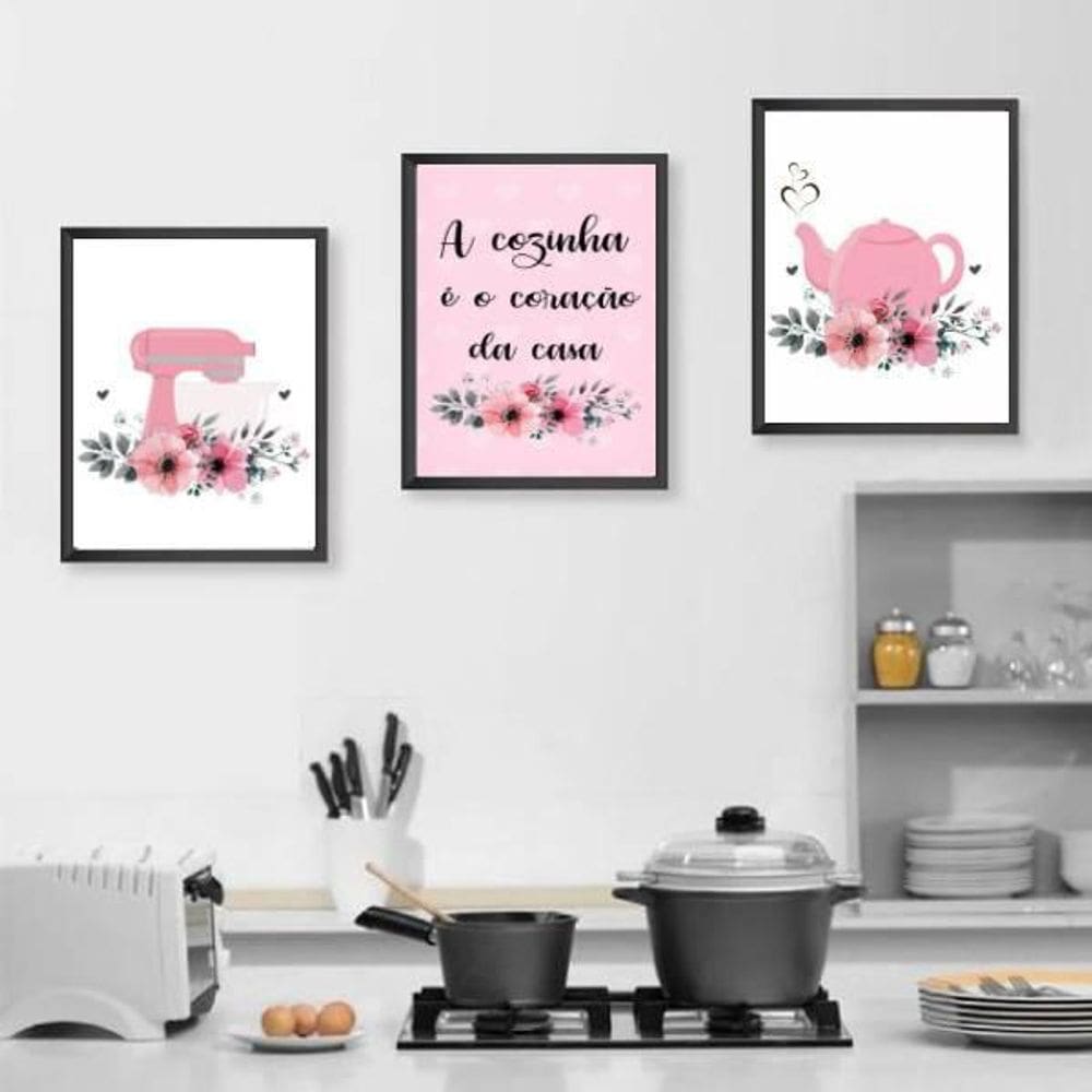 Kit 3 Quadros Cozinha Coração Da Casa Rosa 45X34Cm