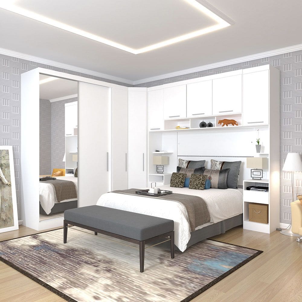 Quarto de Canto Casal com Guarda Roupas com Espelho e Mesas de Cabeceira Alpes Luciane Moveis