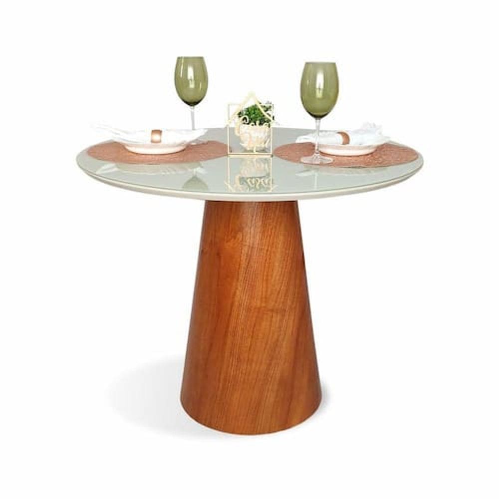 Mesa de Jantar Cone Tampo com Vidro Redonda Cairo Off White - Bege
