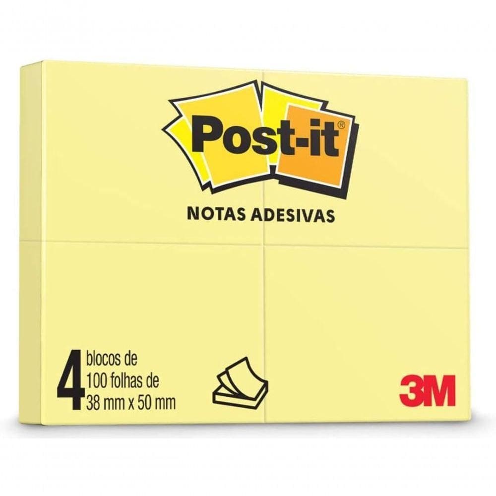 Bloco De Notas Adesivas Post-it 38x50 Mm 100 Folhas Amarelo - 4 Unidades - 3m