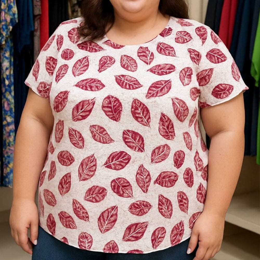 Blusa Feminina Essência Estampada Folhas Plus Size