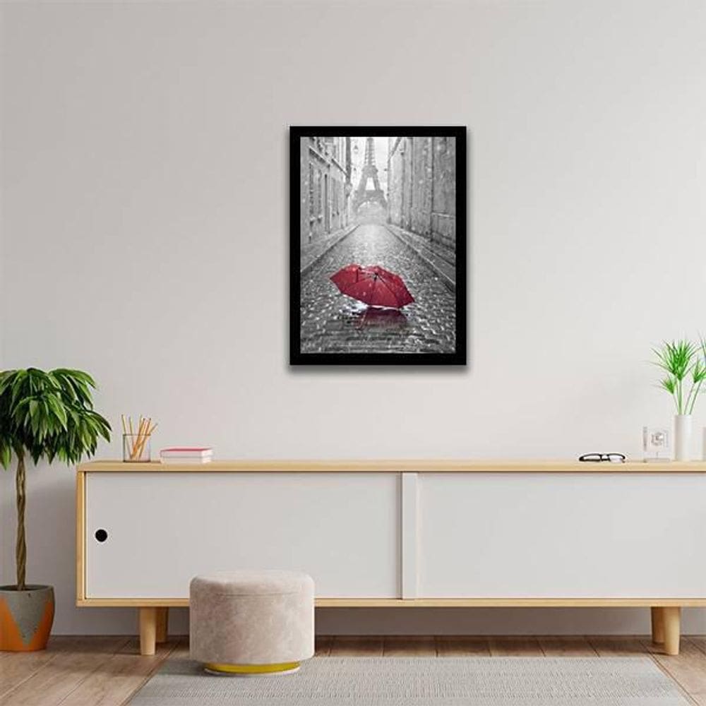 Quadro Guarda Chuva Vermelho E Torre Eiffel Moldura Preta