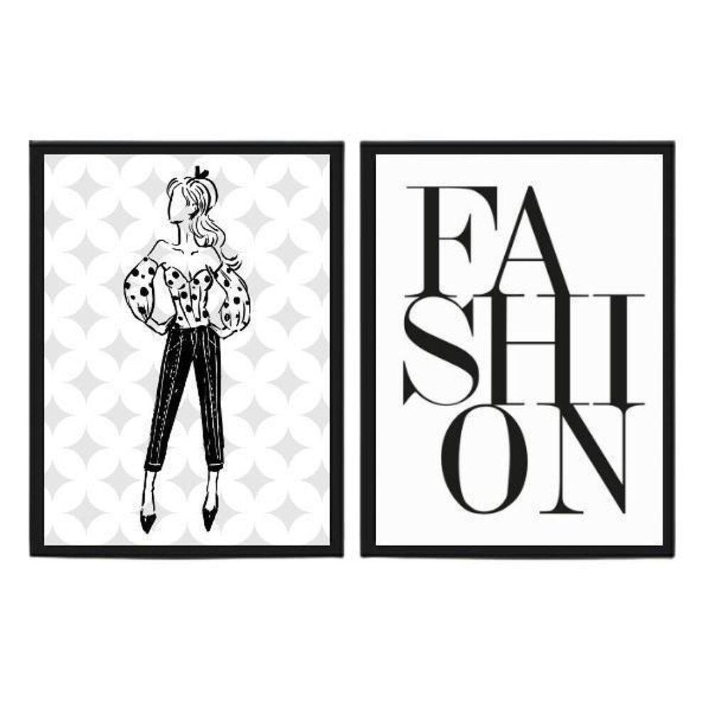Kit 2 Quadros Moda Feminina Fashion 45X34Cm - Madeira Preta