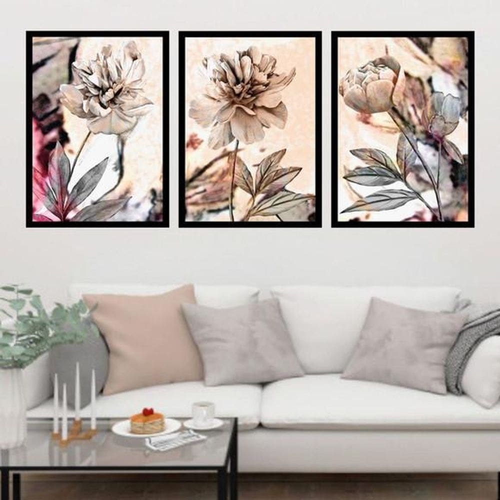 Kit 3 Quadros Decorativos Flores Neutras 34x23Cm