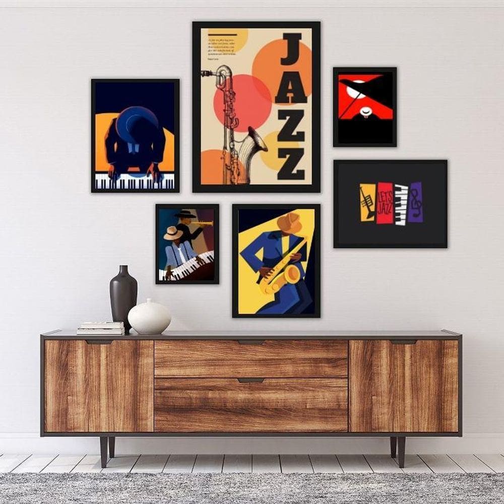 Kit 6 Quadros Música Músicos Jazz - Madeira Branca com Vidro