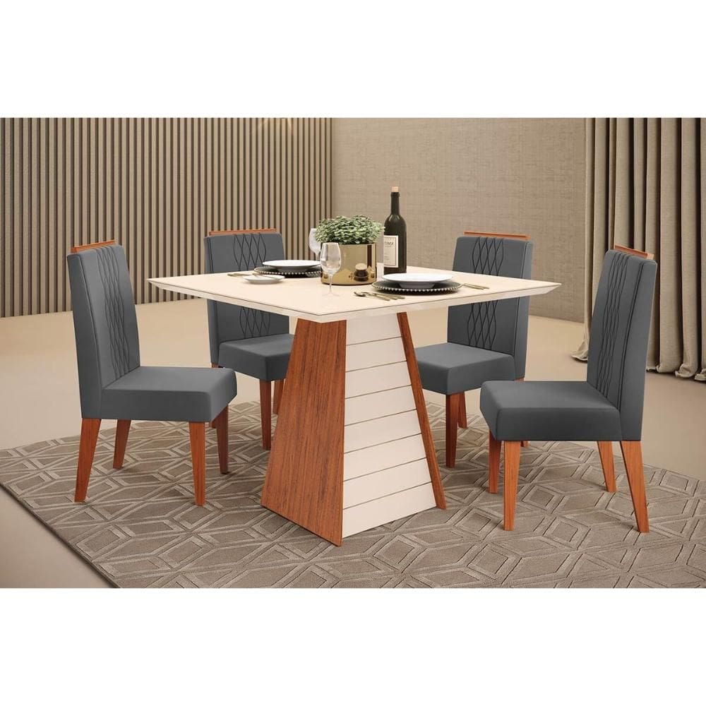 Sala de Jantar Completa Fler c/ Tampo Madeirado c/ Vidro 90x90cm e 4 Cadeiras Lia Freijo/Off White - Suede Lunar - DJ Móveis
