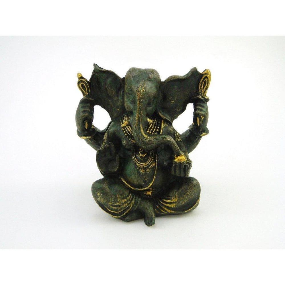 Estátua Ganesha Sentado Verde E Dourado Resina 12 Cm