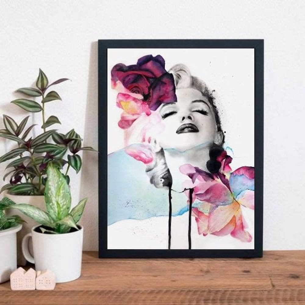 Quadro Artístico Marilyn Aquarela 45X34Cm Moldura Preta